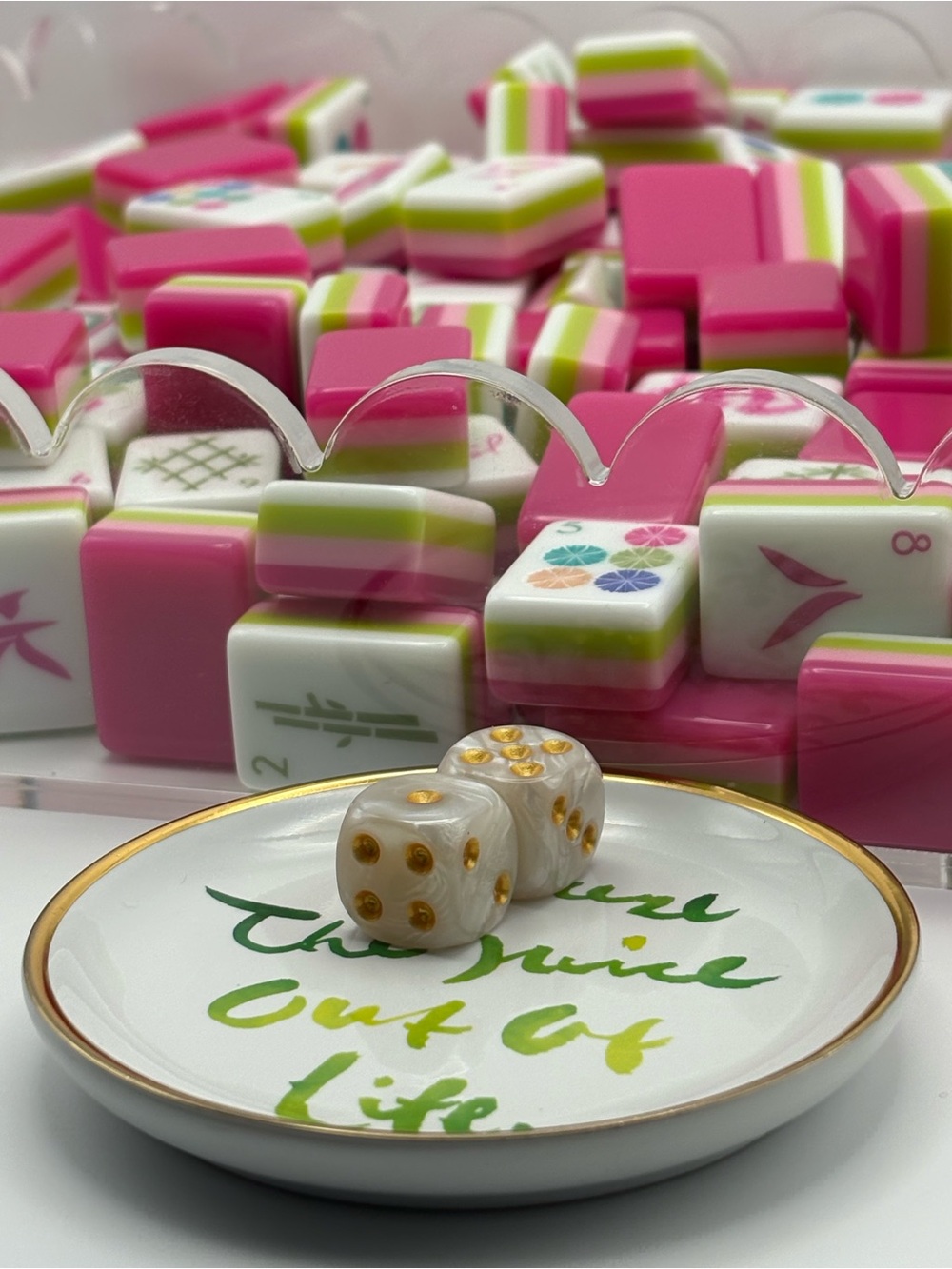 🌴 Lilly Pulitzer Pink and Green Citrus Lemon Limoncello Mahjong Tile Dice Dish